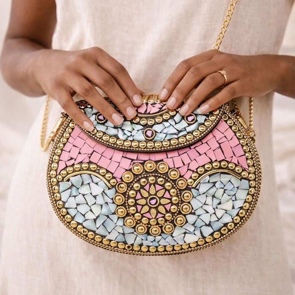Ramla Mosaic Clutch with Pink and Gold Accents